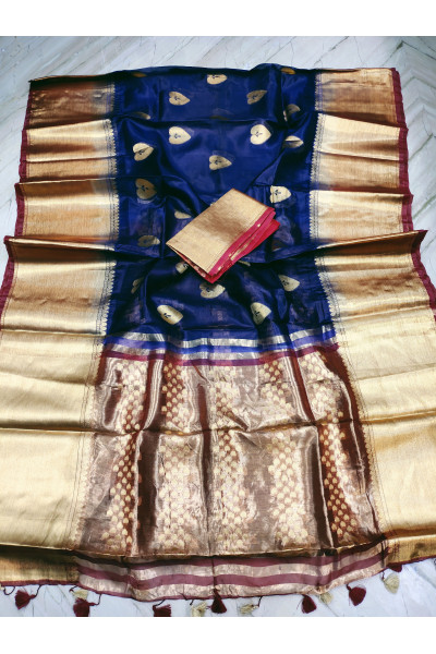 All Over Golden Butta Weaving Blue And Maroon Organza Silk Saree With Golden Zari Border (KR997)